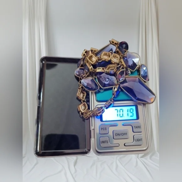 Vintage Lavender Chunky Big Long Glass Stone Gold Tone  Statement Necklace - Picture 8 of 9